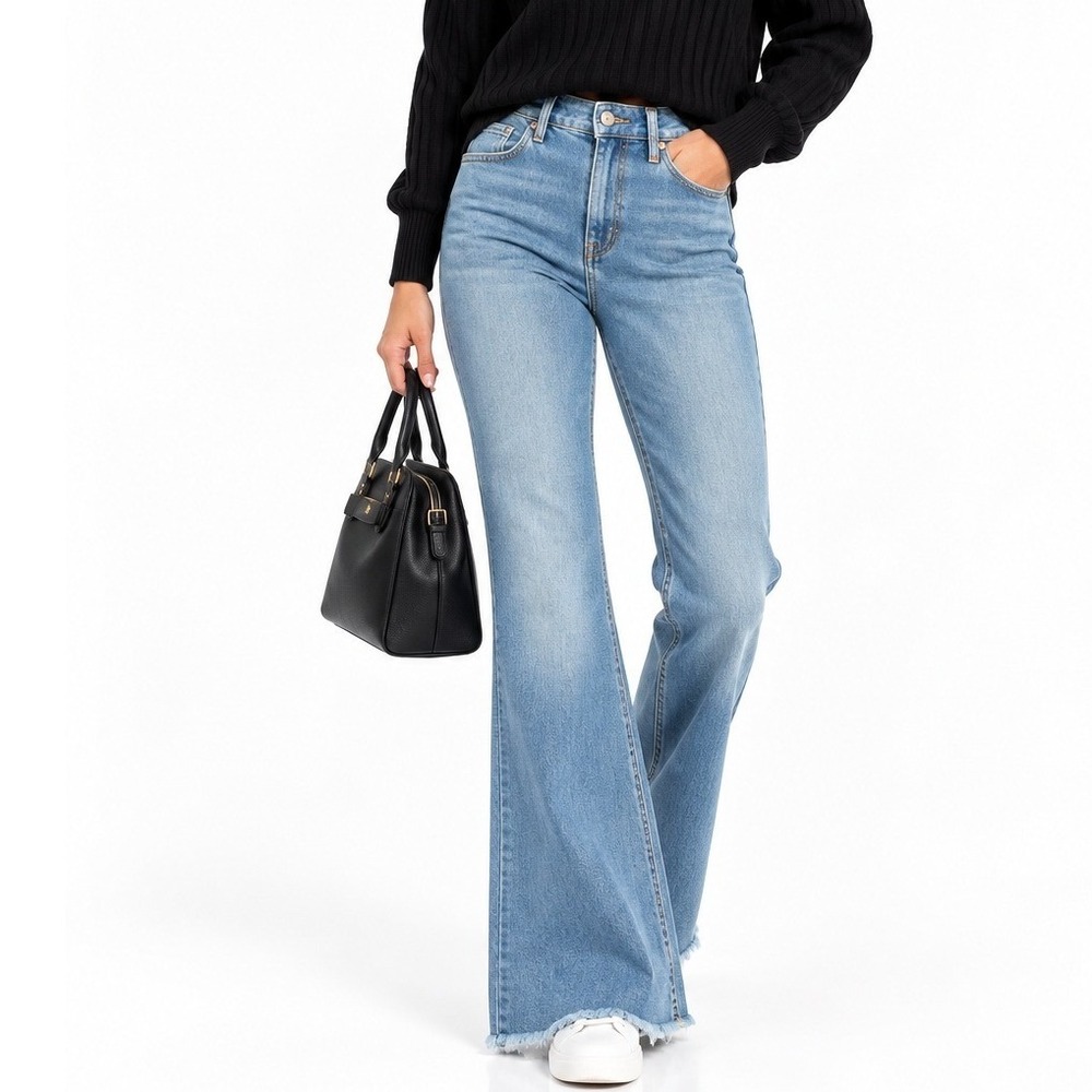 Refuge Denim High Rise Flare Jeans Light Wash Raw Hem Blue 16-S-1151CP